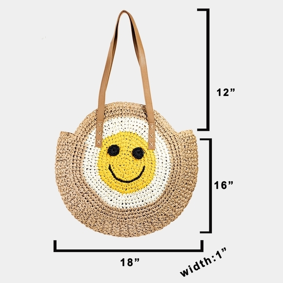 Smiley Face Straw Tote Bag - Cream and Yellow - Picture 3 of 3